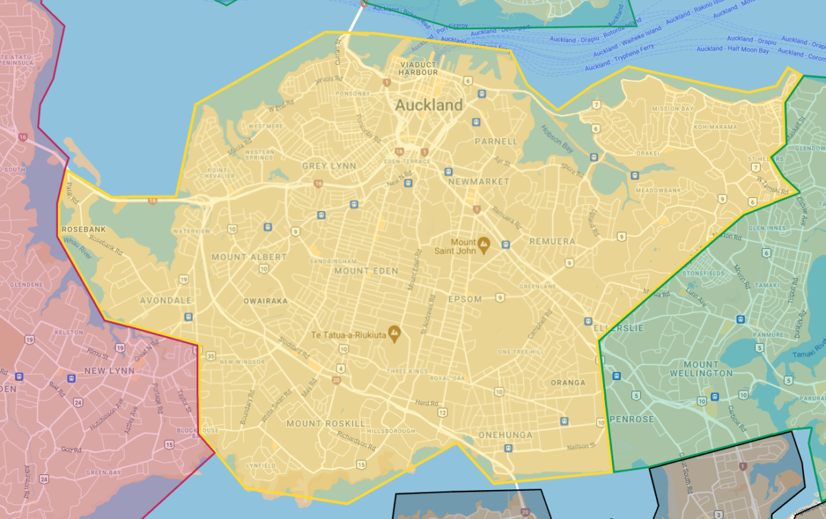 Map of central Auckland showing the catchment of Auckland City Mission outreach team.