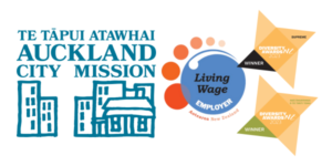 Auckland City Mission logo with award badges for Living Wage Employer and Diversity Awards Supreme Winner   