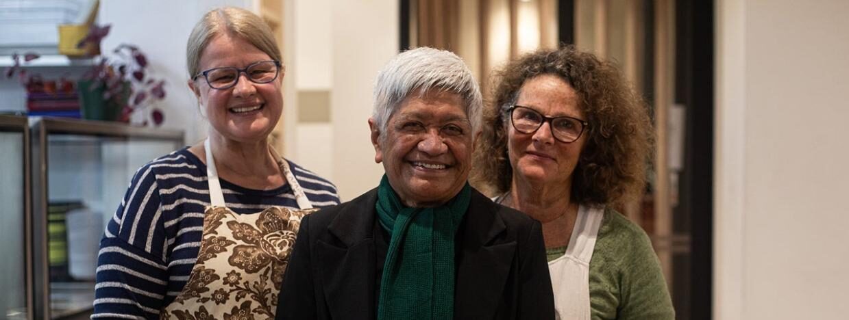 A picture of Kirsten Sloan, Whaea Rose Harrop and Sue Rishworth at Auckland City Mission's Haeata dining room.